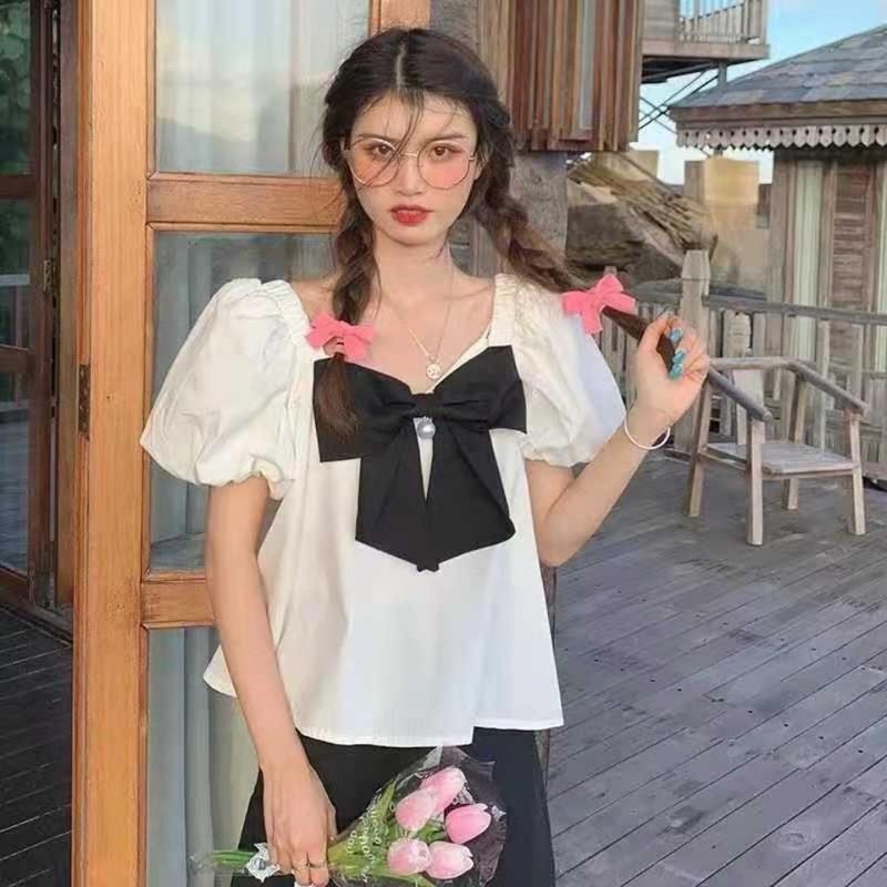 仙仙超可爱的温柔初恋减龄系蝴蝶结一式两穿设计珍珠衬衣女上衣 白色 S码建议100内