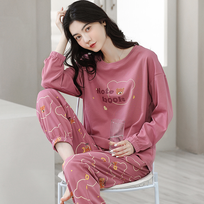 浪莎100%纯棉睡衣女春秋冬季长袖束脚卡通全棉休闲家居服外穿套装