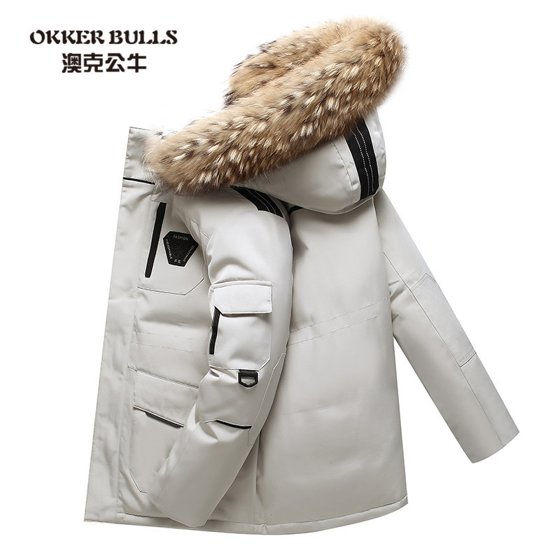 澳克公牛(OKKER BULLS)韩国跑男同款羽绒服男女款加厚韩版潮流工装修身保暖大毛领外套