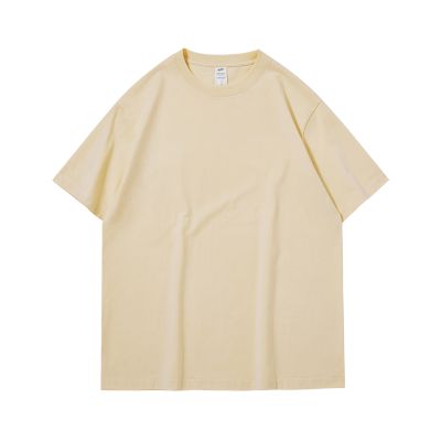 重磅纯棉白色宽松短袖t恤男女同款情侣装夏季圆领纯色打底衫长袖体恤潮 【短袖100%纯棉】杏色 S