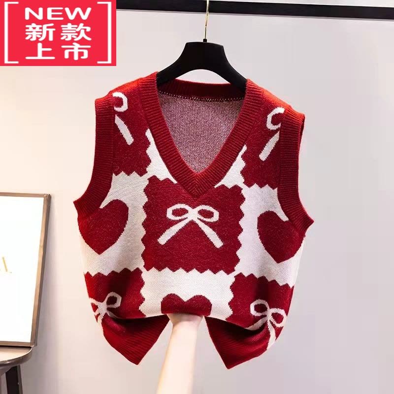 可莉允女童马甲针织背心春秋新款v领无袖套头红色毛衣宝宝马夹中大童潮图片