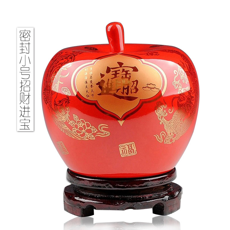 红色苹果花瓶摆件家居软装饰品客厅酒柜摆设陶瓷储物罐结婚 三维工匠 红[密封]小号进宝+木底座高清大图