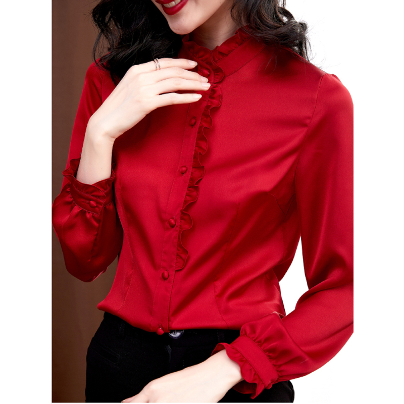 艳如飞本命年红色衬衫女长袖春秋新款修身百搭气质木耳边立领缎面上衣