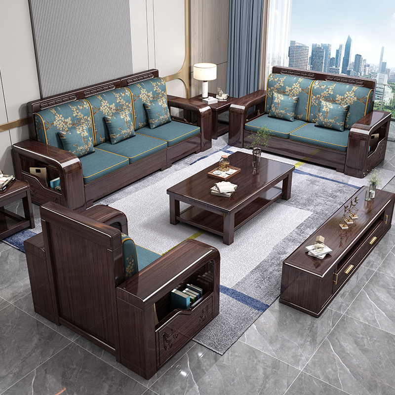 梵宜 新中式沙发紫金檀木冬夏两用轻奢高靠背储物客厅组合实木家具