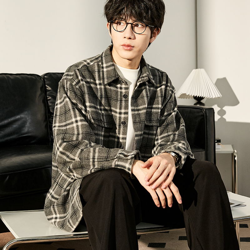 [2.5折价228元]唐狮毛呢外套男冬季新款美拉德格子外套短款加厚男呢夹克外套