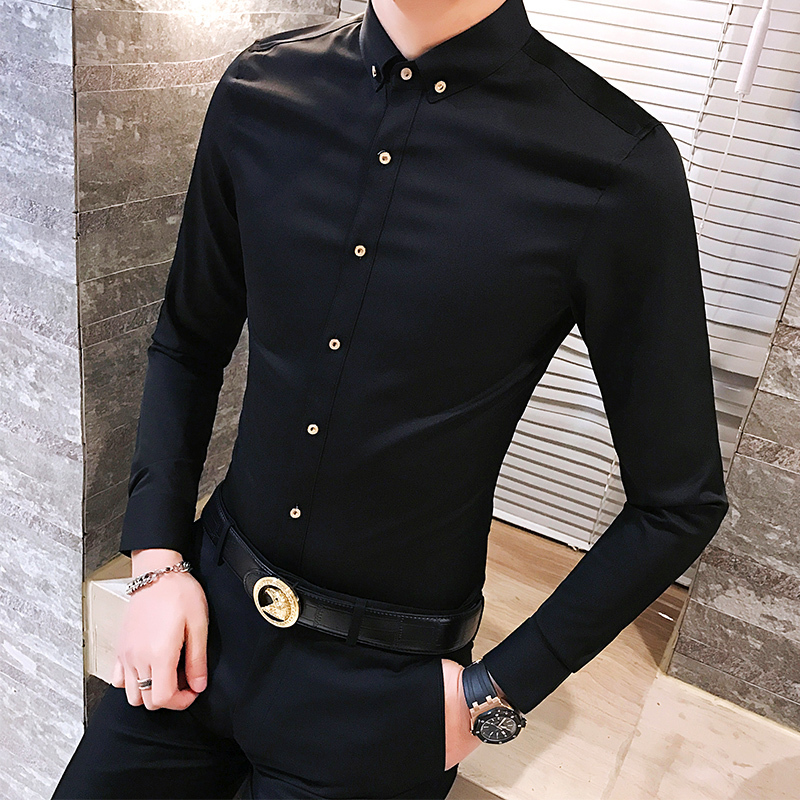 2018年春装男士天蓝色长袖衬衫浅蓝色衬衣韩版修身职业装制服粉色
