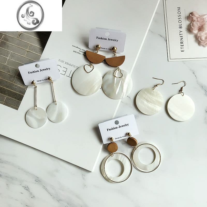 JiMiBY简约气质贝壳圆片耳环镂空长款耳坠耳钉无耳洞耳夹配饰品图片