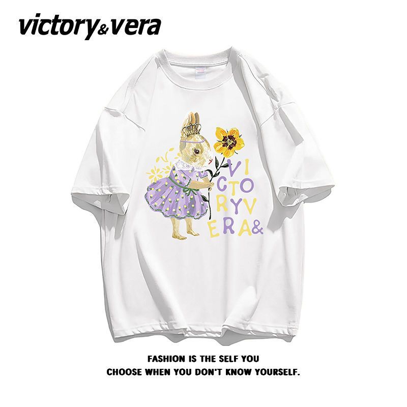 VICTORYVERA温柔风盐系短袖T恤女2022新款夏季学生宽松印花上衣服