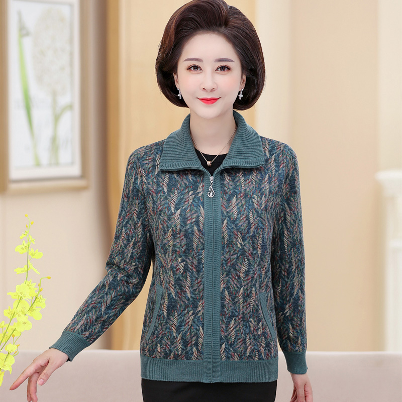 品牌送礼妈妈装羊绒衫女中老年奶奶宽松加大码毛衣本命年老太太开衫女羊绒开衫女印花毛衣女中老年人保暖羊毛衫加绒外套高清大图