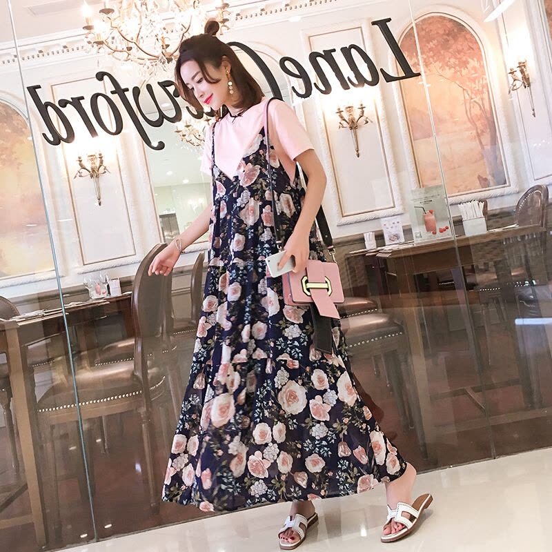 迪鲁奥(DILUAO)孕妇装夏装短袖连衣裙韩版宽松大版中长款碎花雪纺吊带连衣裙短袖T恤两件套装长裙时尚圆领长款怀孕期孕妇图片