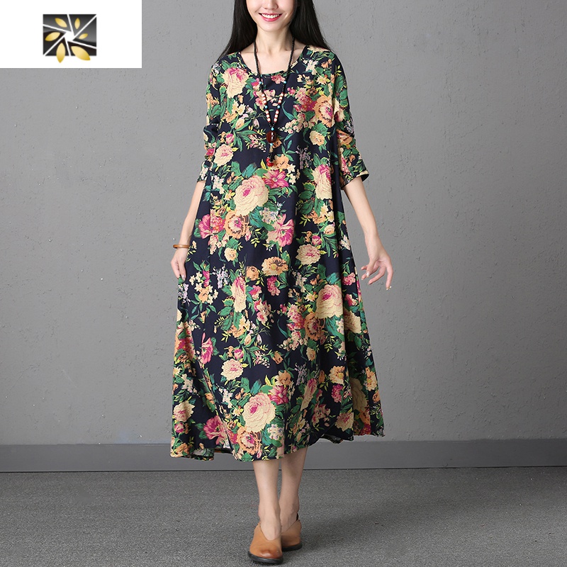 暖青汇棉麻连衣裙女春秋宽松大码妈妈装文艺印花中袖民族风碎花长裙子夏大码女装图片 高清实拍大图 苏宁易购