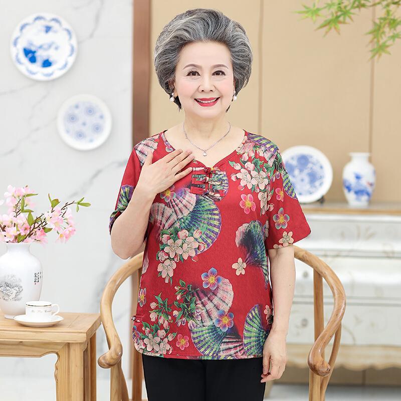 中老年人夏装女妈妈短袖T恤60-70岁80老人衣服奶奶装夏季半袖上衣蓝色[单件上衣]
