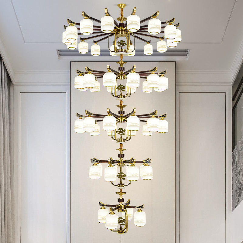 克罗斯塔 别墅客厅复式楼大吊灯中空楼梯新中式轻奢全铜酒店餐厅灯罩