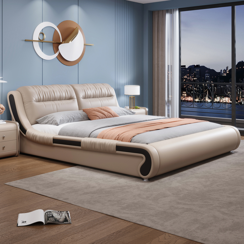 北欧真皮床轻奢现代简约双人床主卧室榻榻米实木储物床软包大婚床高清大图