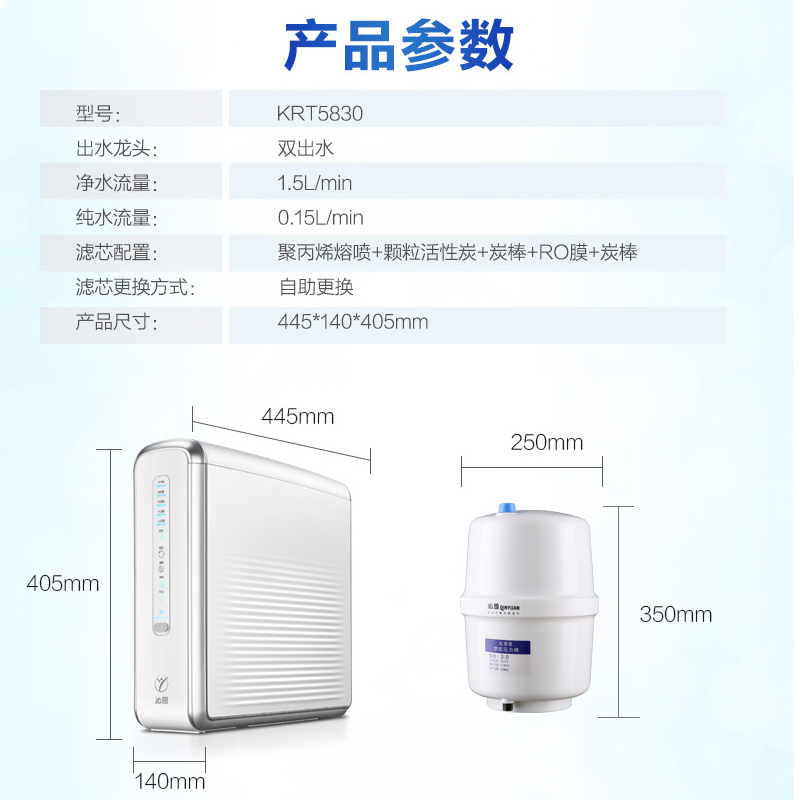 沁园(TRULIVA)家用厨下式净水器 废水比1:1五芯反渗透过滤净水流量1.5L/min 直饮纯水机KRT5830