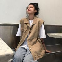 2021秋季新款韩版宽松百搭ins潮外穿工装马甲背心坎肩外套上衣女 卡其色 优质纯棉 S 建议80斤左右