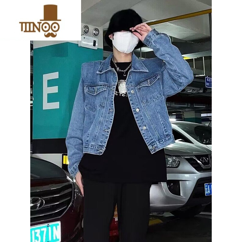 YANXUins美式高街复古压褶垫肩牛仔外套男女 潮牌百搭休闲短款情侣夹男高清大图