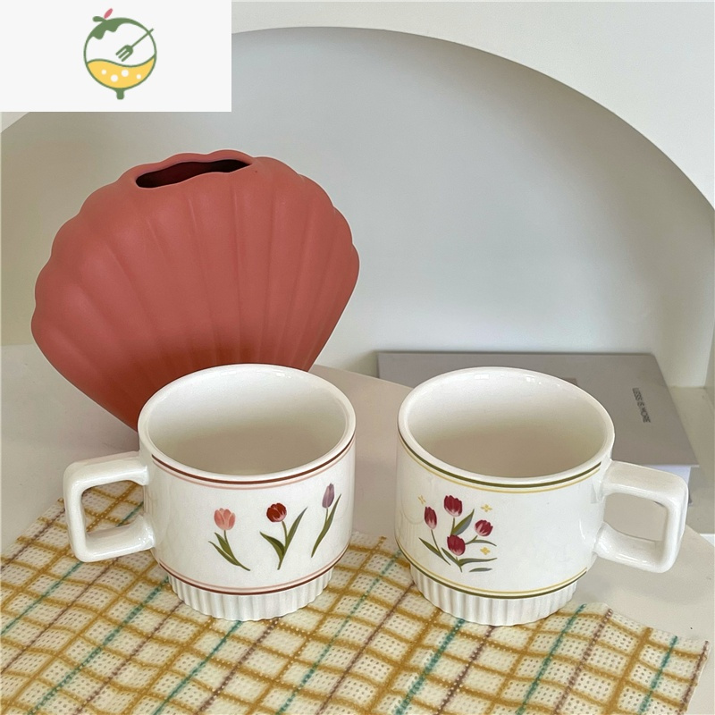 YICHENG手绘郁金香 ins复古法式浪漫花卉陶瓷杯马克杯牛奶咖啡杯早餐杯茶具