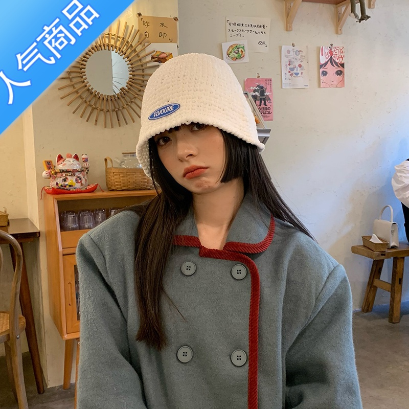 SUNTEK帽子女秋冬毛线帽雪尼尔手工针织冷帽字母贴标白色水桶渔夫帽冬季