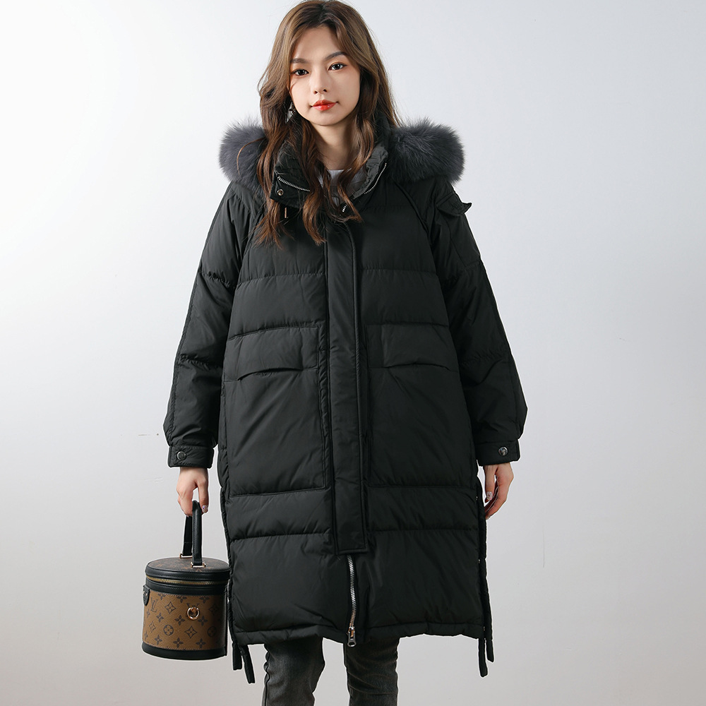 90绒女式纯色连帽中长款女装加厚款狐狸毛白鸭绒羽绒服_833 黑色 S