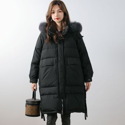 90绒女式纯色连帽中长款女装加厚款狐狸毛白鸭绒羽绒服_833 黑色 S