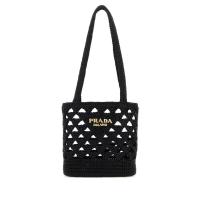 普拉达(PRADA)女款黑色草编手提单肩包真皮拼接时尚百搭配饰通勤