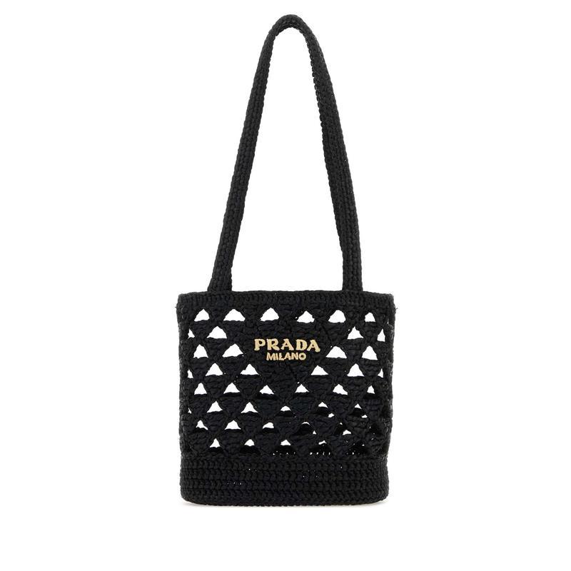 普拉达(PRADA)女款黑色草编手提单肩包真皮拼接时尚百搭配饰通勤