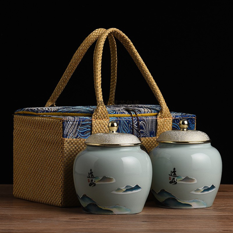 淡绿观山单罐250克装茶叶包装盒空礼盒高档茶叶罐陶瓷金骏眉茶包装盒