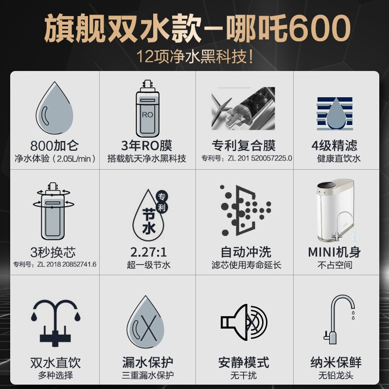 安吉尔哪吒Pro2000净水器家用直饮过滤器无罐大通量反渗透双出水低废水净水机+3217