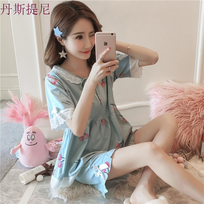 睡衣女夏套装短袖两件套可外穿纯棉韩版清新学生性感家居服冰丝秋