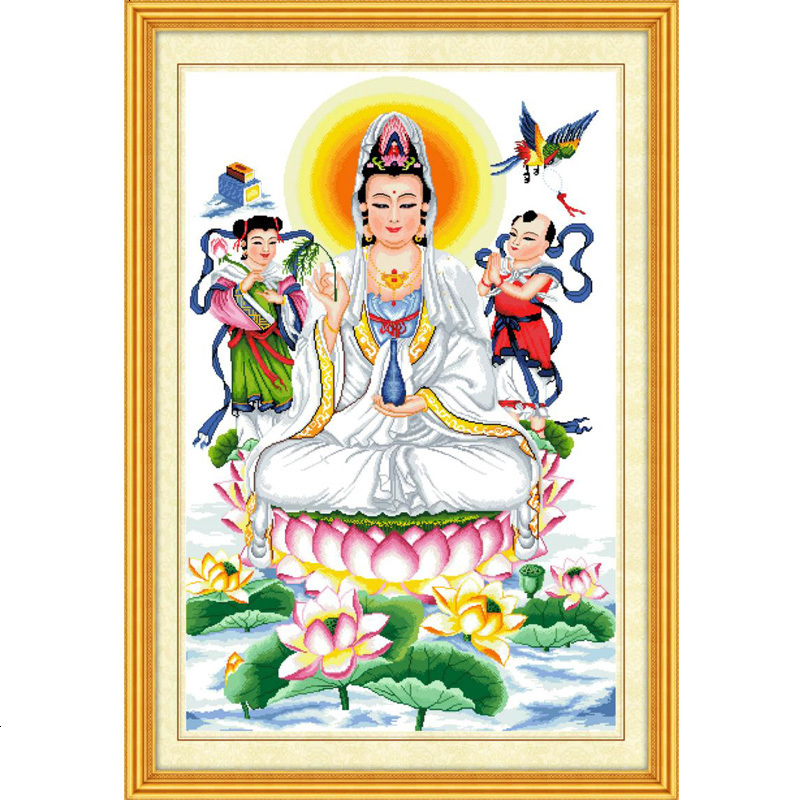 精准印花十字绣观音赐福菩萨像新款客厅大幅挂图送子滴水坐莲观音