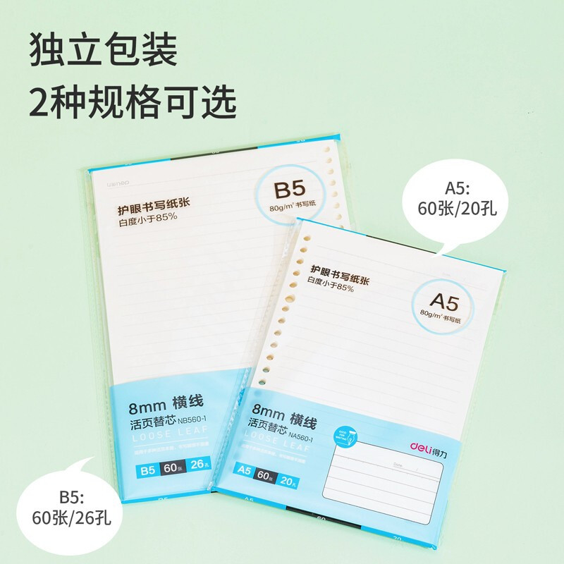 得力(deli) B5/60张活页笔记本替芯 26孔横线格式替芯活页纸 NB560-1(BY)