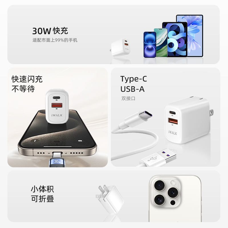 爱沃可(iWALK) 充电器pd快充头30w数据线套装67W氮化镓充电头高清大图