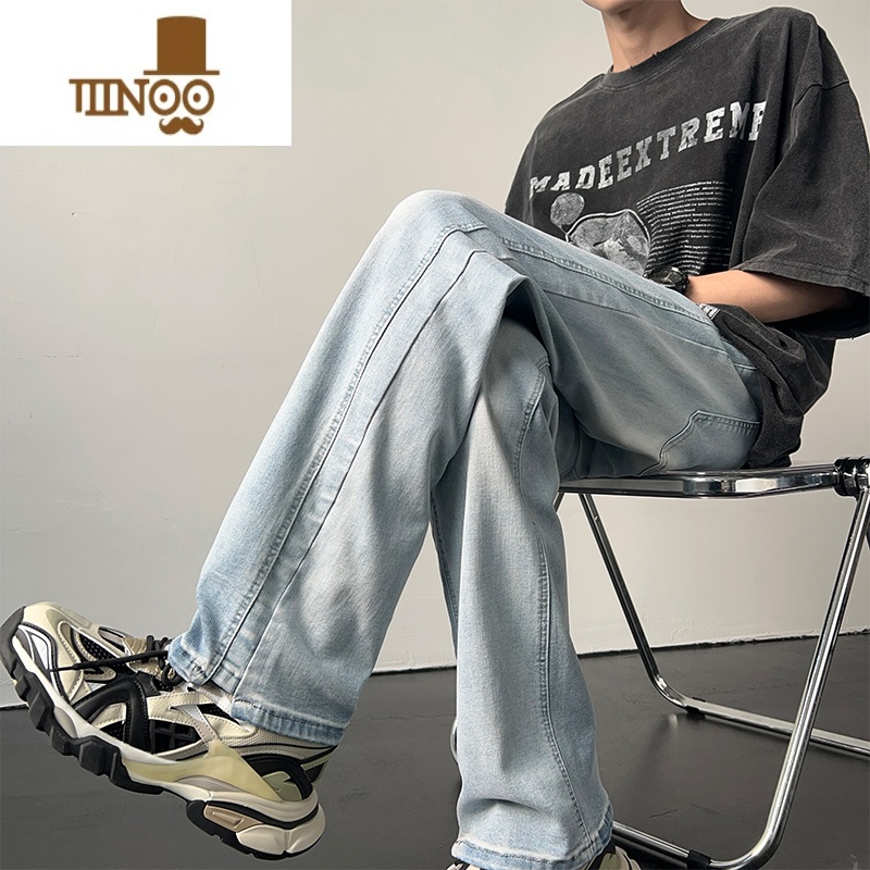 YANXU美式牛仔裤男款水洗做旧黄泥染长裤潮牌高街宽松直筒裤子男高清大图