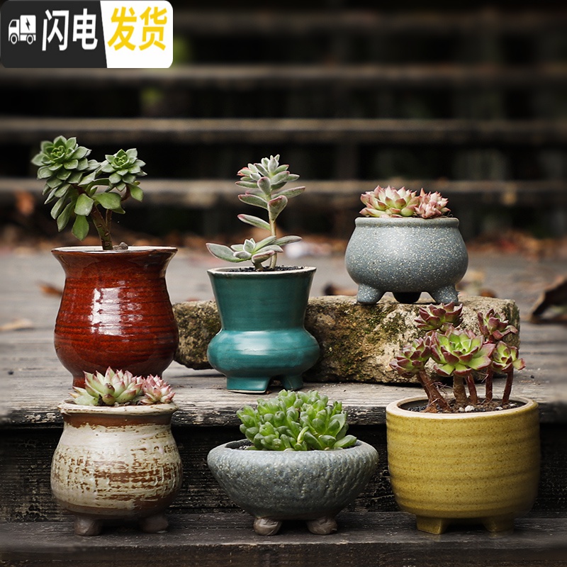 三维工匠多肉花盆粗陶透气大口径家用创意个性肉肉植物陶瓷老桩盆 套装四 中等花盆容器高清大图