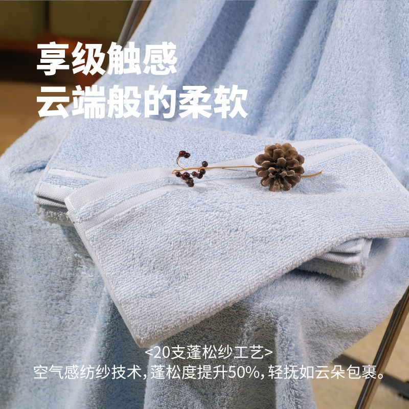 安居先森享云系列20支蓬松纱精品毛浴巾礼盒(附赠手提袋)蓝色高清大图