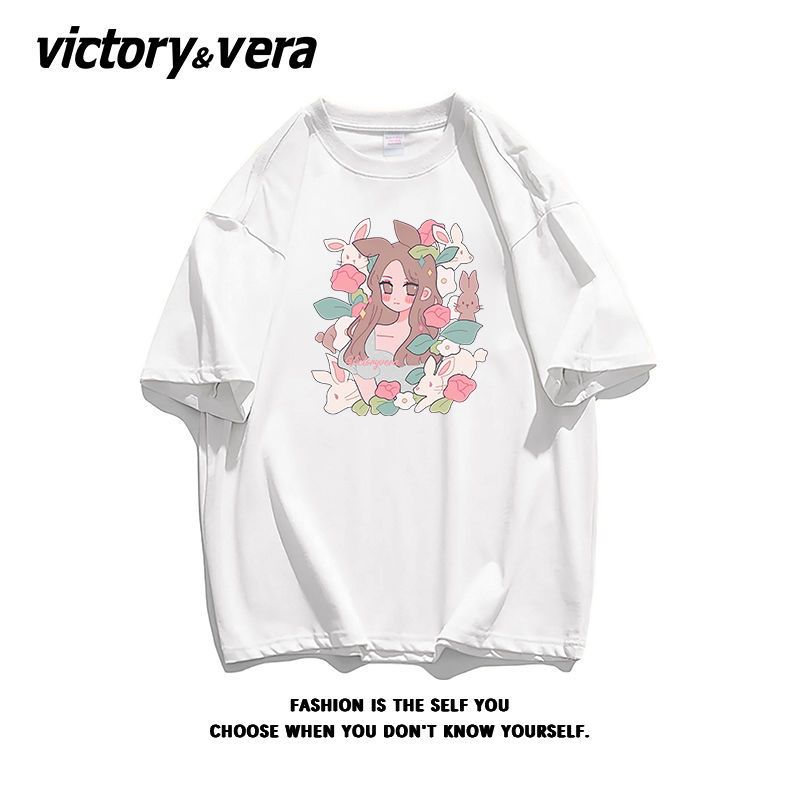 VICTORYVERA100%纯棉盐系软妹印花短袖T恤2022夏季小众百搭上衣服