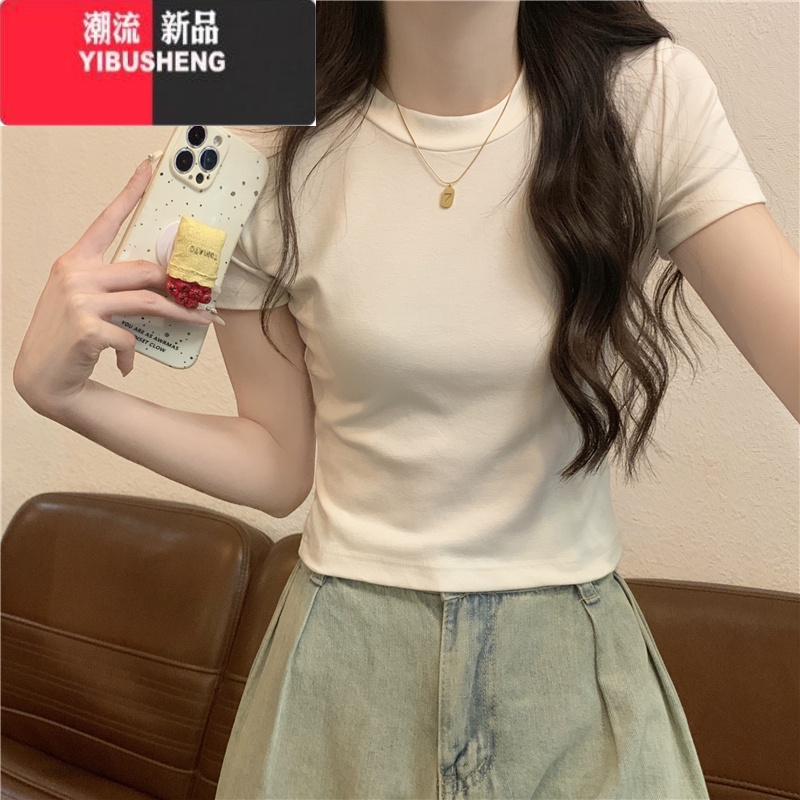 YIBUSHENG圆领正肩粉色t恤女短袖季美式修身短款高腰辣妹纯欲体恤上衣体 XL建议120-130斤 白色