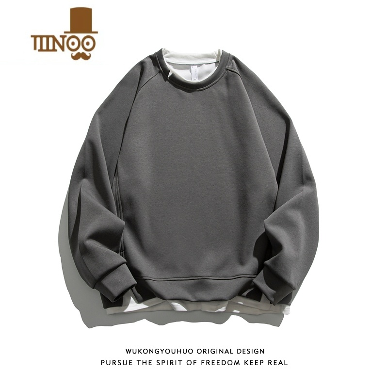 YANXU潮牌复古纯色假拼接圆领卫衣男街头宽松潮流百搭上纯高清大图