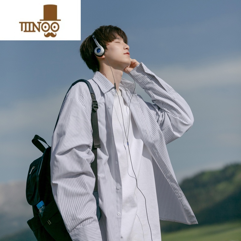 YANXU日系蓝色条纹长袖衬衫男士夏季薄款痞帅设计感衬衣宽松款外套