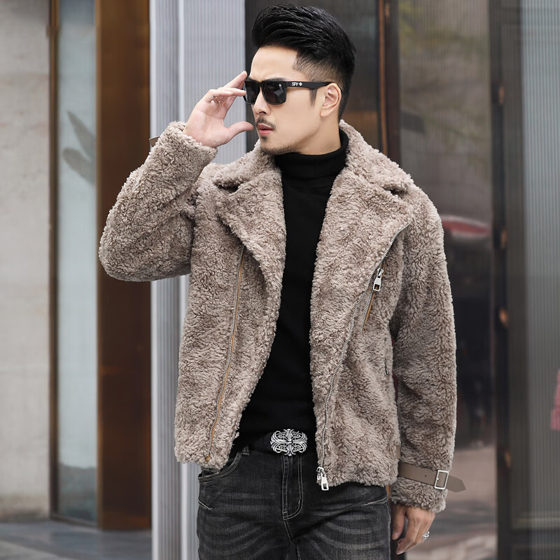 斯哲维世旗舰店品牌羊剪绒男机车短款夹克羊羔毛皮草潮流皮毛一体外套