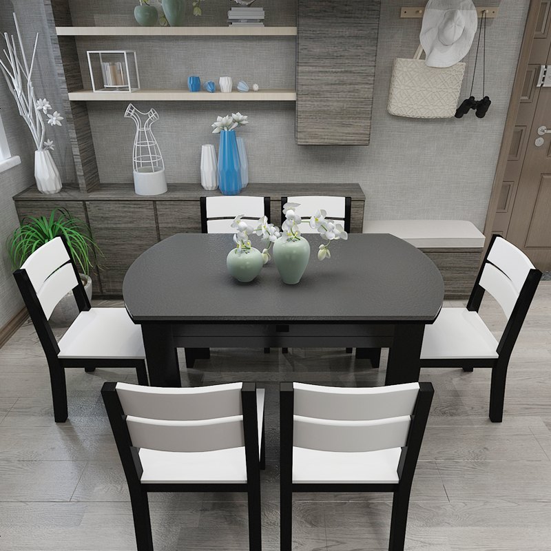 北欧火烧石餐桌椅组合现代简约多功能伸缩折叠饭桌圆桌大理石餐台