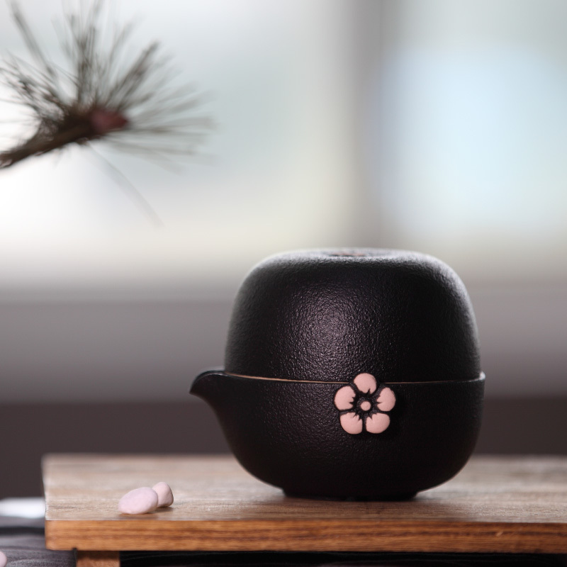 万仟堂(EDENUS) 快客杯旅行便携茶具一壶一杯套装女性茶具简易茶具黑铁釉 梅花客高清大图