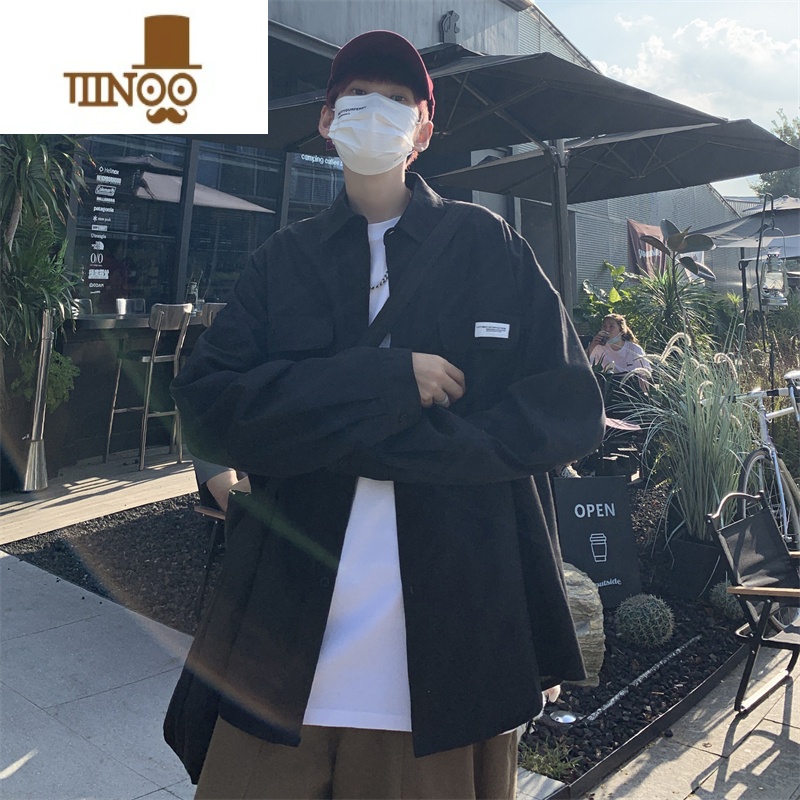 YANXU日系cityboy翻领衬衫男宽松百搭简约纯色外套帅气工装上衣高清大图
