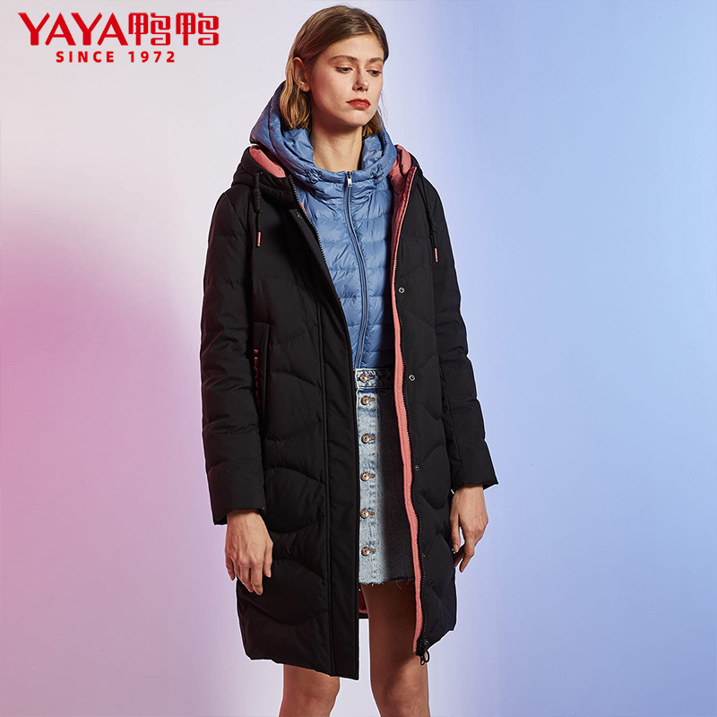 鸭鸭(yaya)新款冬季女士连帽中长款时尚韩版曹刘羽绒服外套女