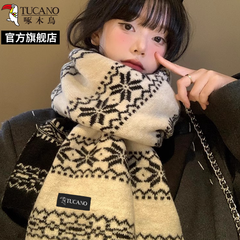 啄木鸟2024冬新款黑白色雪花针织围巾女保暖双面复古文艺围脖冬4高清大图