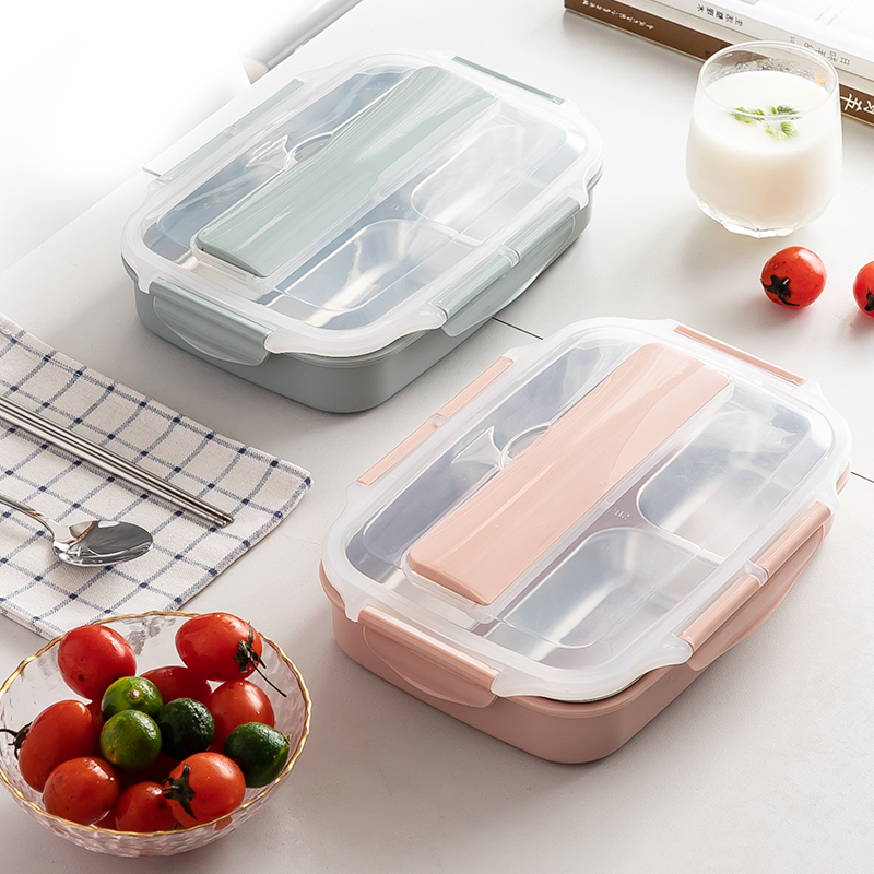 美厨(maxcook)304不锈钢饭盒 3格加大加深学生饭盒便当盒带分隔配餐具 粉色MCFT913