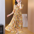 真丝连衣裙2023夏季新款中年妈妈优雅气质桑蚕丝碎花裙子 4XL建议150-160斤 四号色