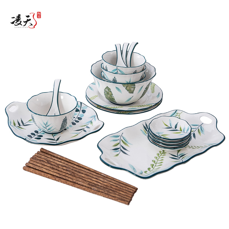 凌天 景德镇北欧绿荫小清新陶瓷四人食餐具家用套装餐盘菜盘汤盘泡面碗马克杯碗盘套装高清大图