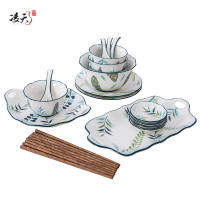 凌天 景德镇北欧绿荫小清新陶瓷四人食餐具家用套装餐盘菜盘汤盘泡面碗马克杯碗盘套装